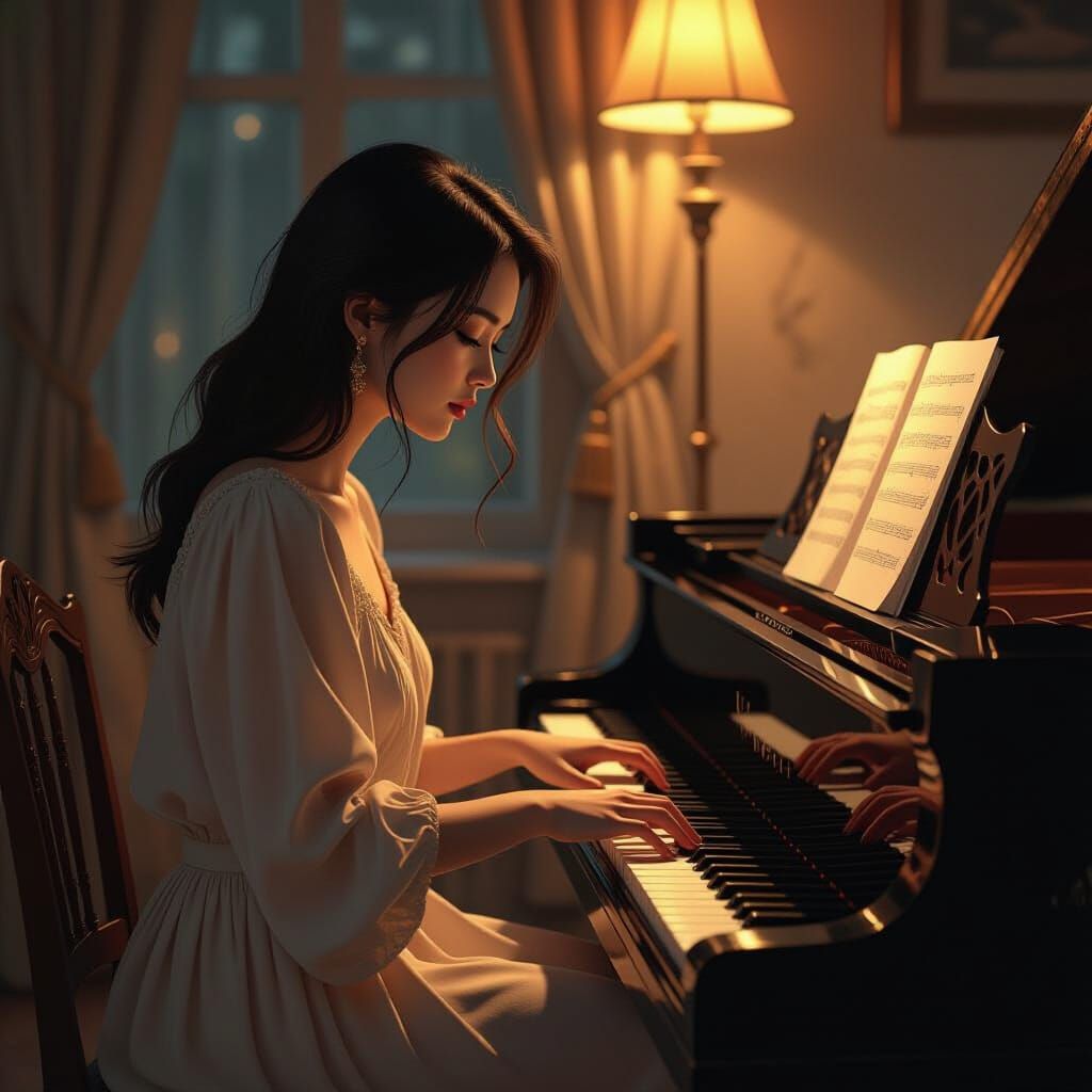 Eerie Silence: Woman at Piano in James Jean Style