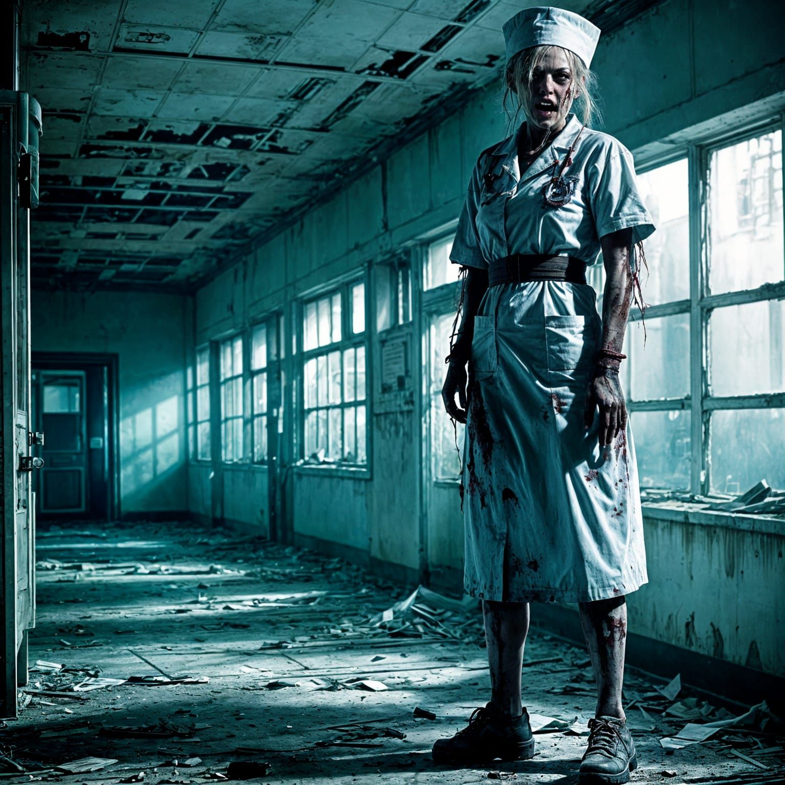 Post-Apocalyptic Zombie Nurse in Derelict Hospital