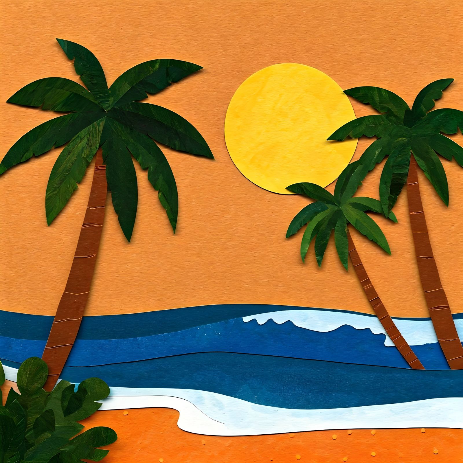Tropical Beach Scene Crafted from Painted Brown Paper