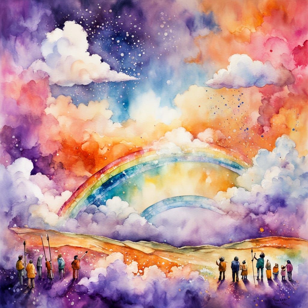 Miniature People Painting Rainbow in Dreamlike Sky