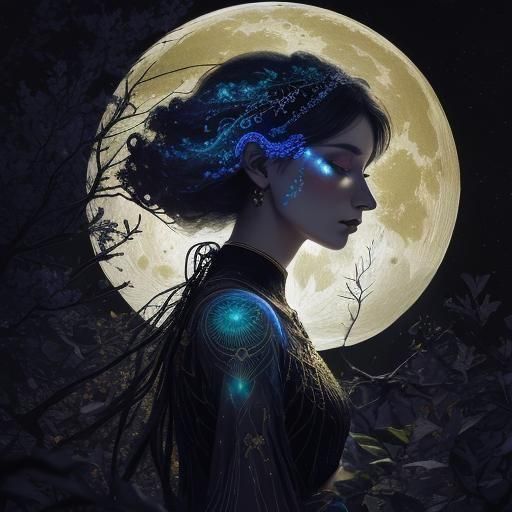 Mystical Forest Woman Reaching for Moonlight