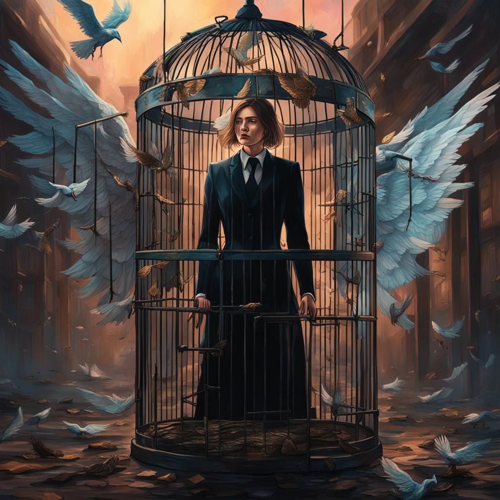 Woman with Torn Angel Wings in Birdcage