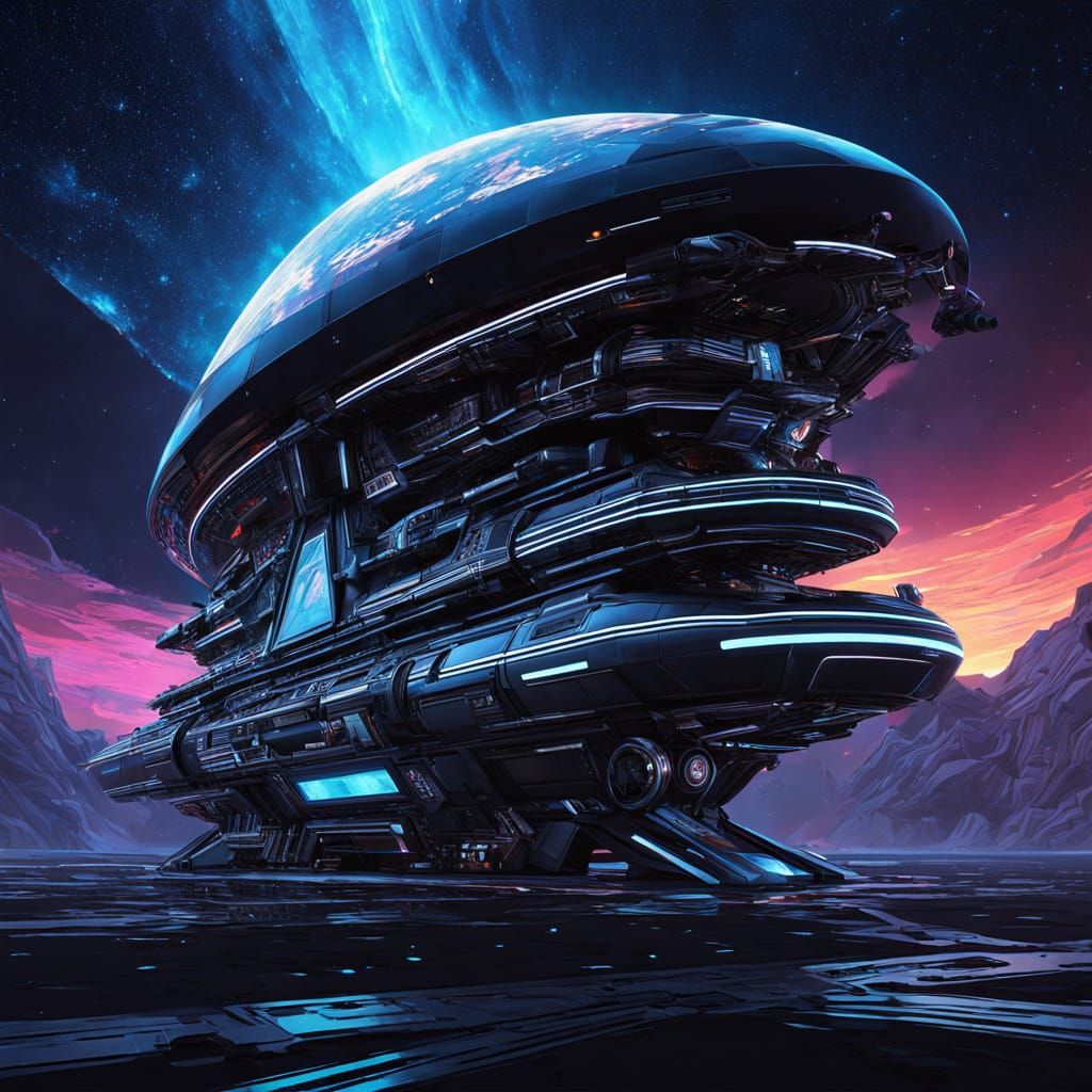 Sleek Black Space Ship in Epic Futurism Style