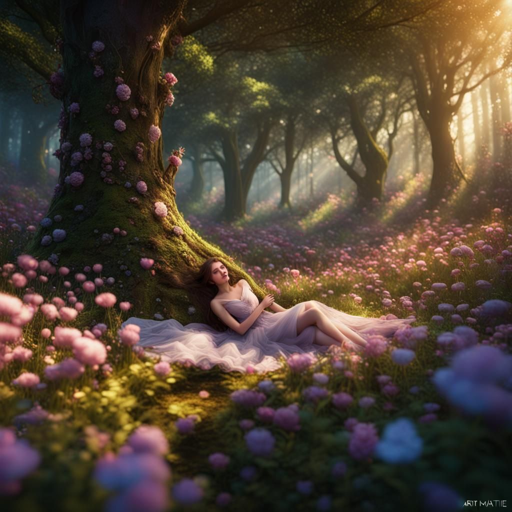 Woman in Flowers, Fairy Tale Forest, Matte Painting