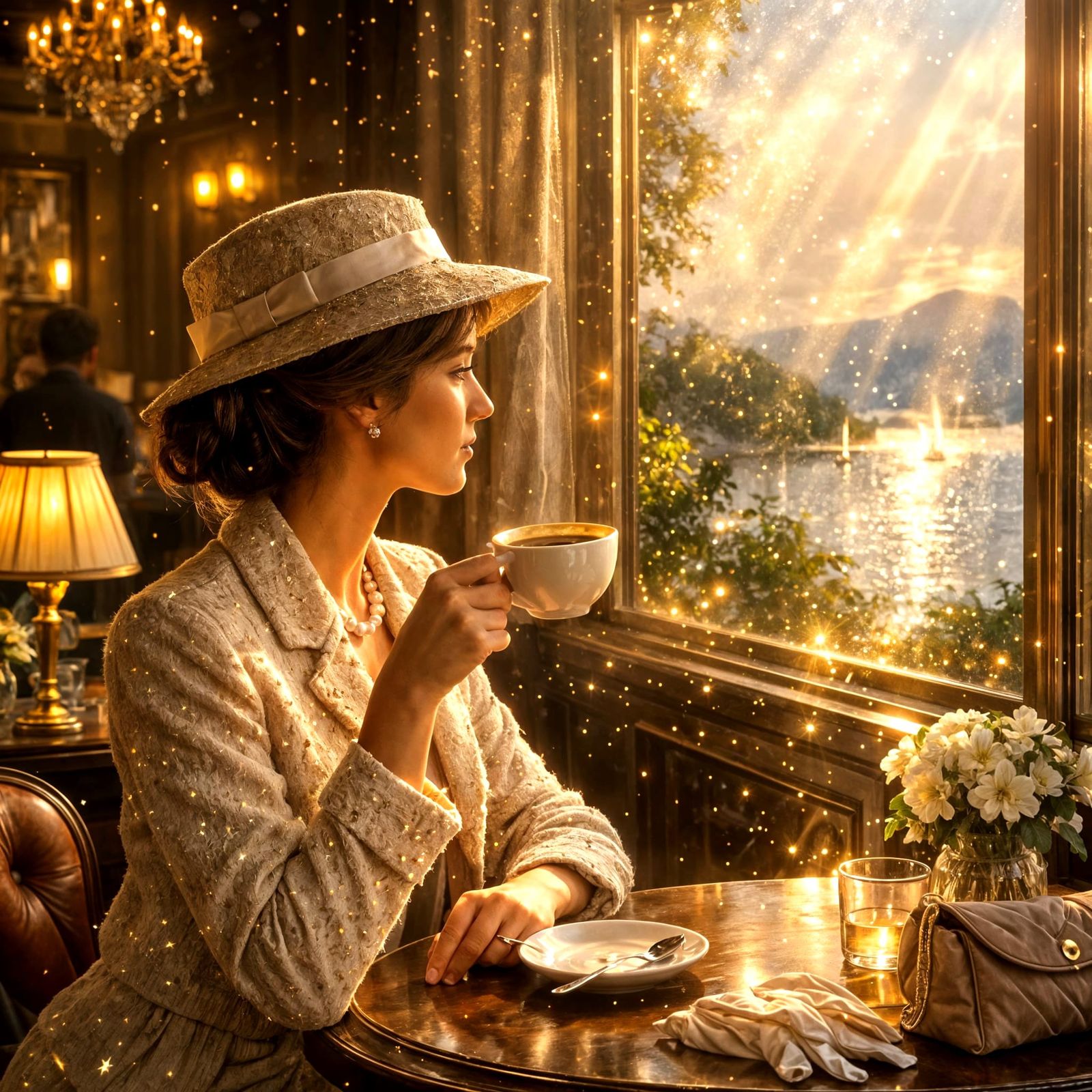 Woman in Old Money Style Enjoys Coffee with a Window View