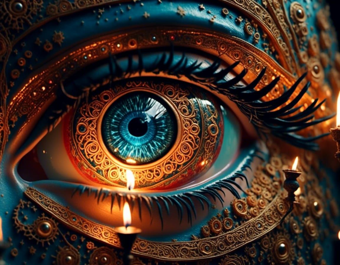 Oracle Eye in Temple with Flame Reflection