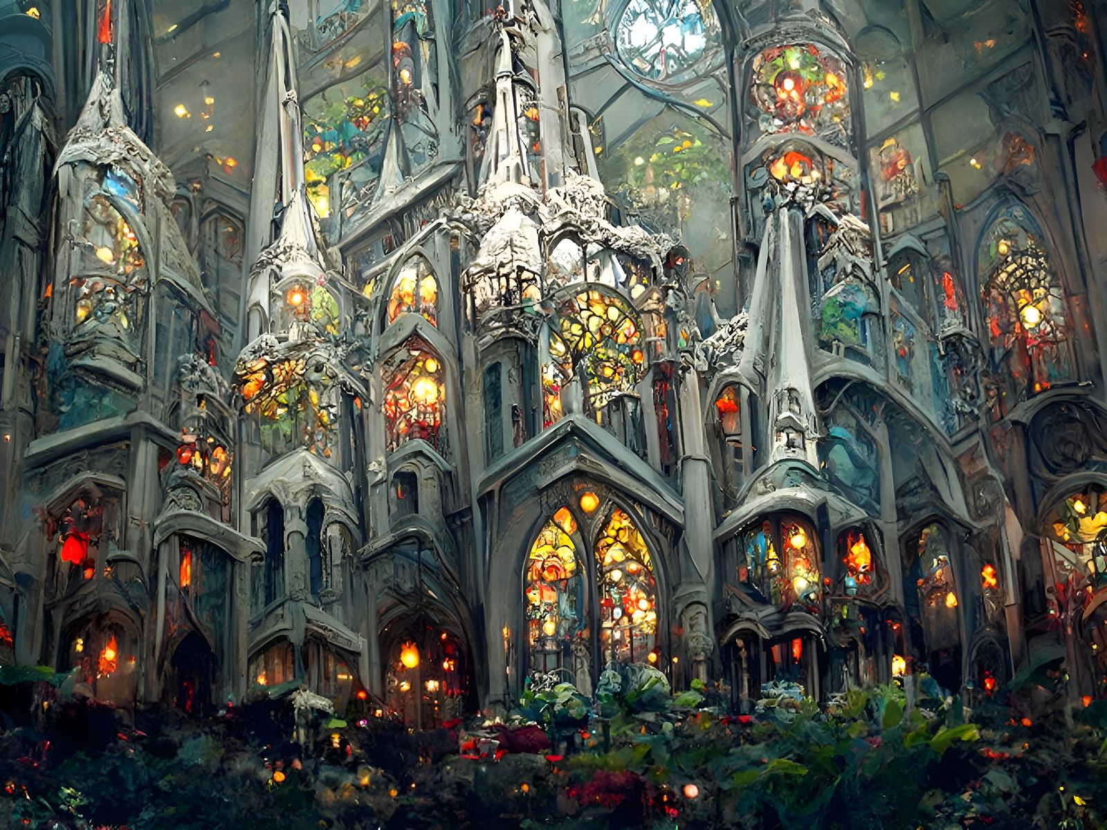 Elaborate Gothic Cathedral with Stained Glass Windows