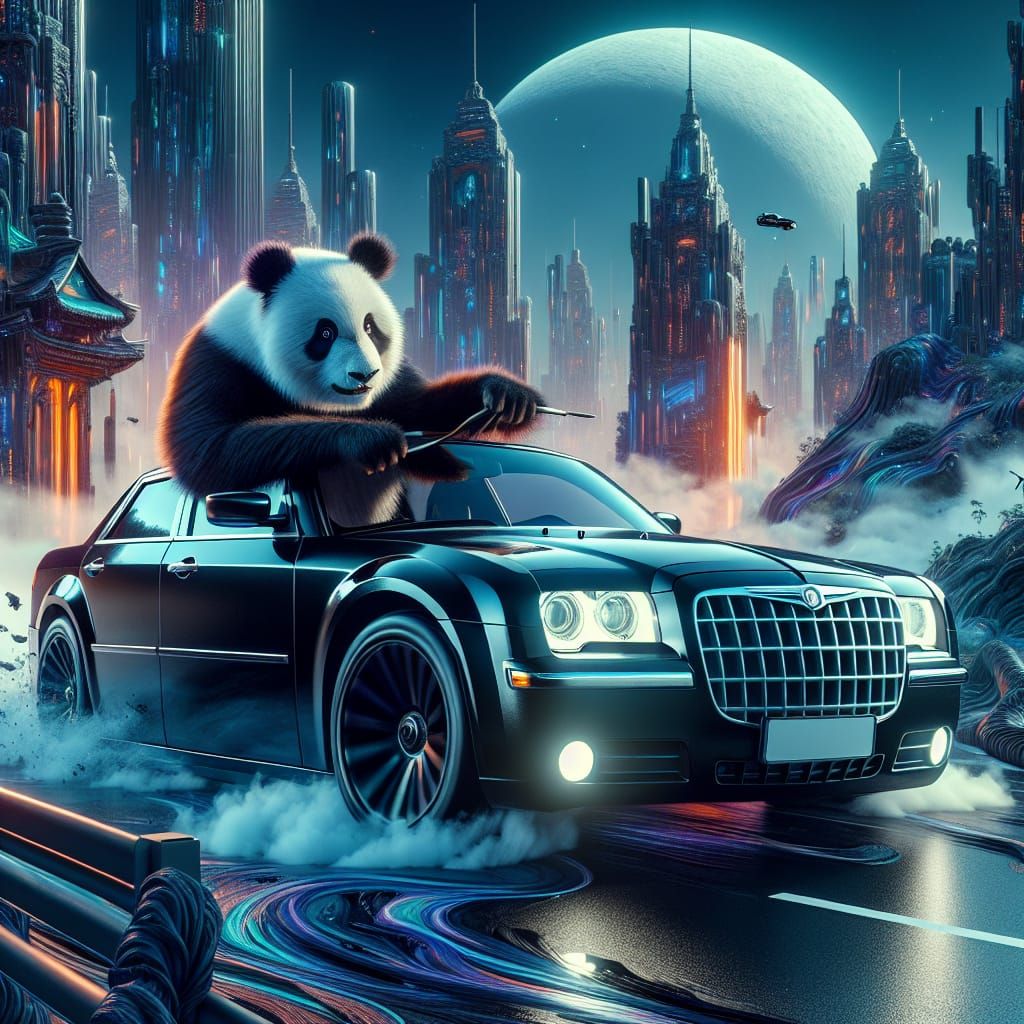 Panda Drives a Car in Matte Painting Style