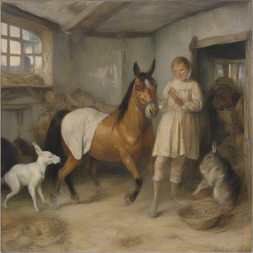 Surreal Rabbit Nurturing Horse in Dreamlike Landscape