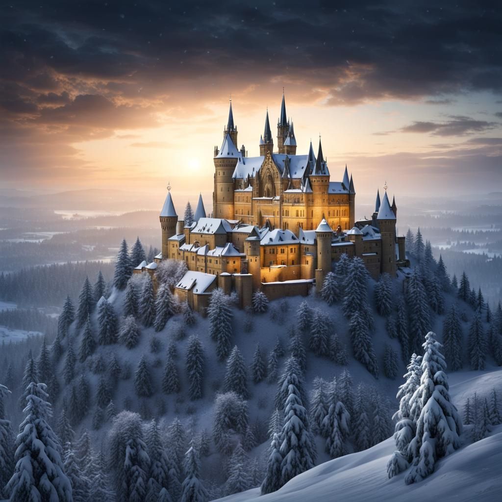 Snowy Hohenzollern Castle at Night: Digital Matte Painting