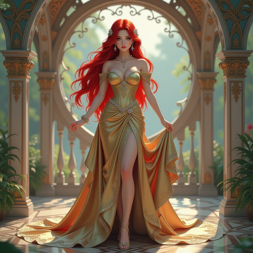 Art Nouveau Mermaid in Gold Dress, Red Hair