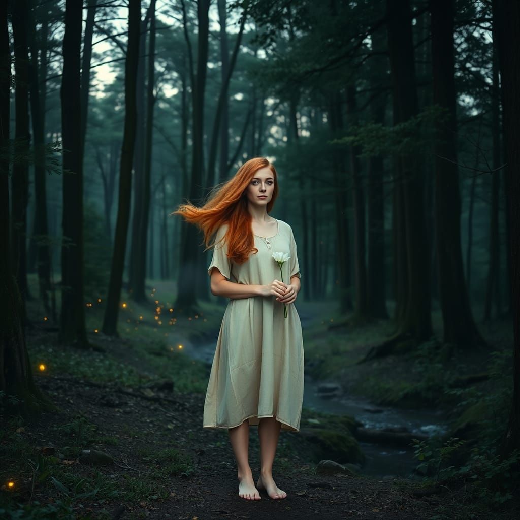 Slavic Woman in Ancient Forest at Dusk