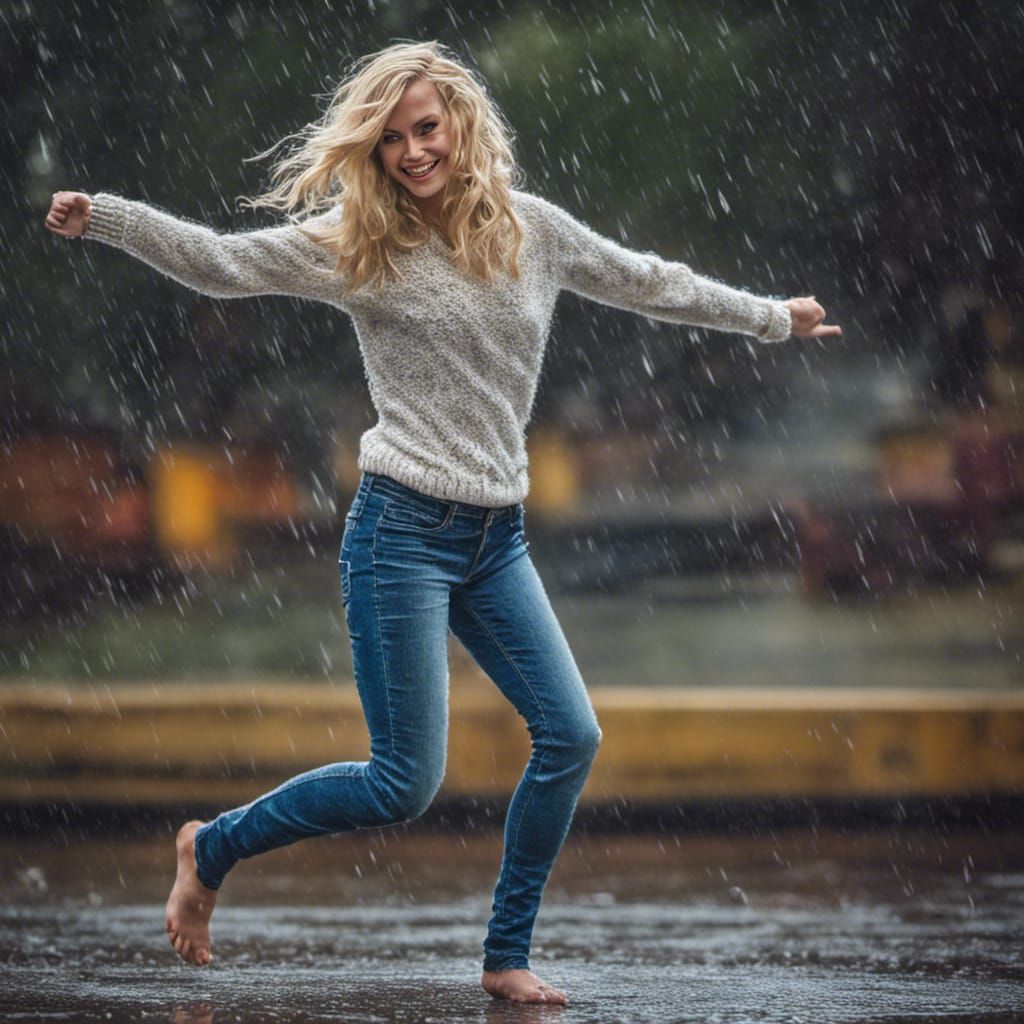 Woman Dancing in the Rain, Hyperrealistic Image