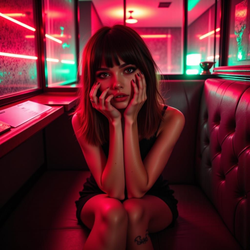 Sultry RetroModern Woman Basks in Luxurious Hotel Lounge