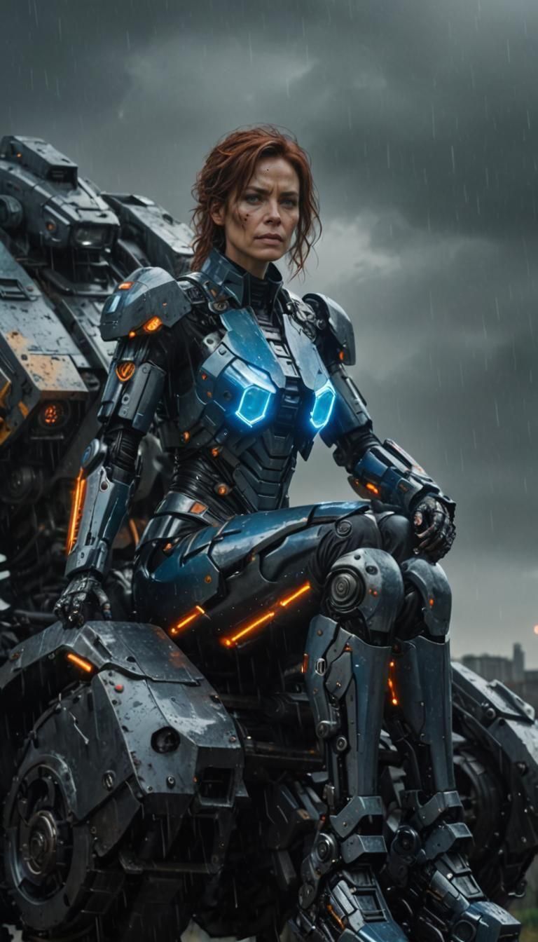 Cyborg Woman on Mech in Dreary Rain