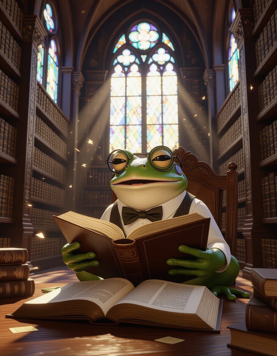 Scholarly Frog's Shocking Discovery in Library