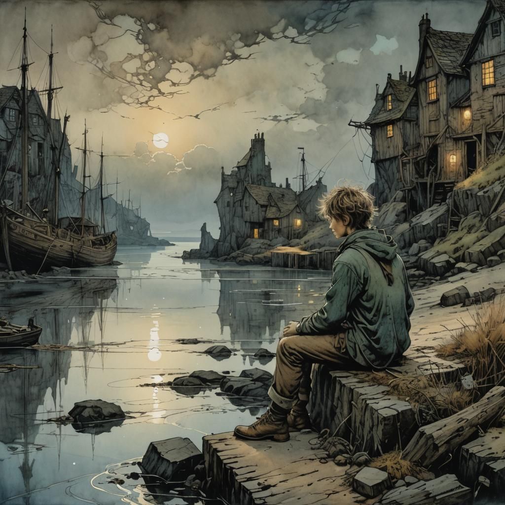 Boy Fishing in Harbor, Golden Age Illustration Style