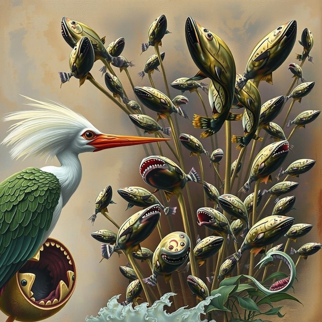 Surreal Stork and 8K Fishes Boxing Amidst Ominous Flowers