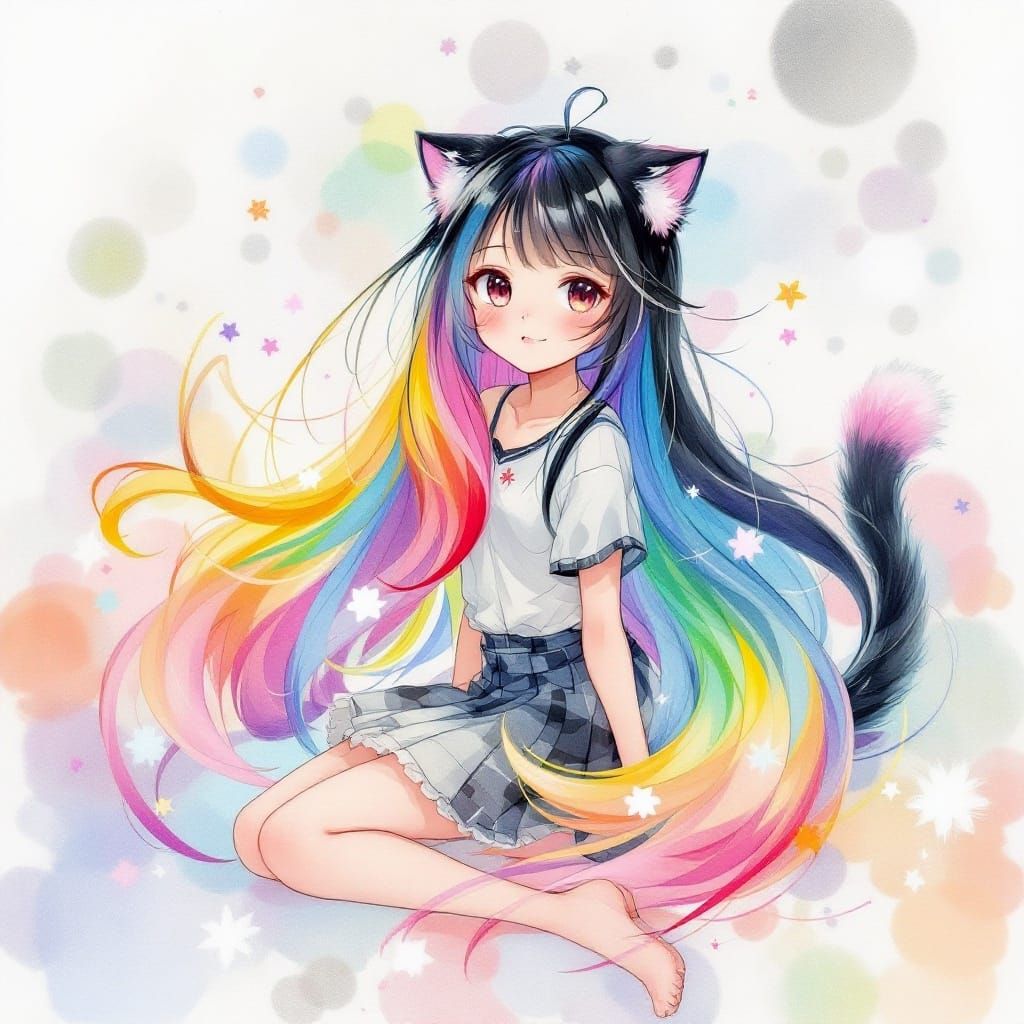 Rainbow Whimsy Girl with Feline Accents