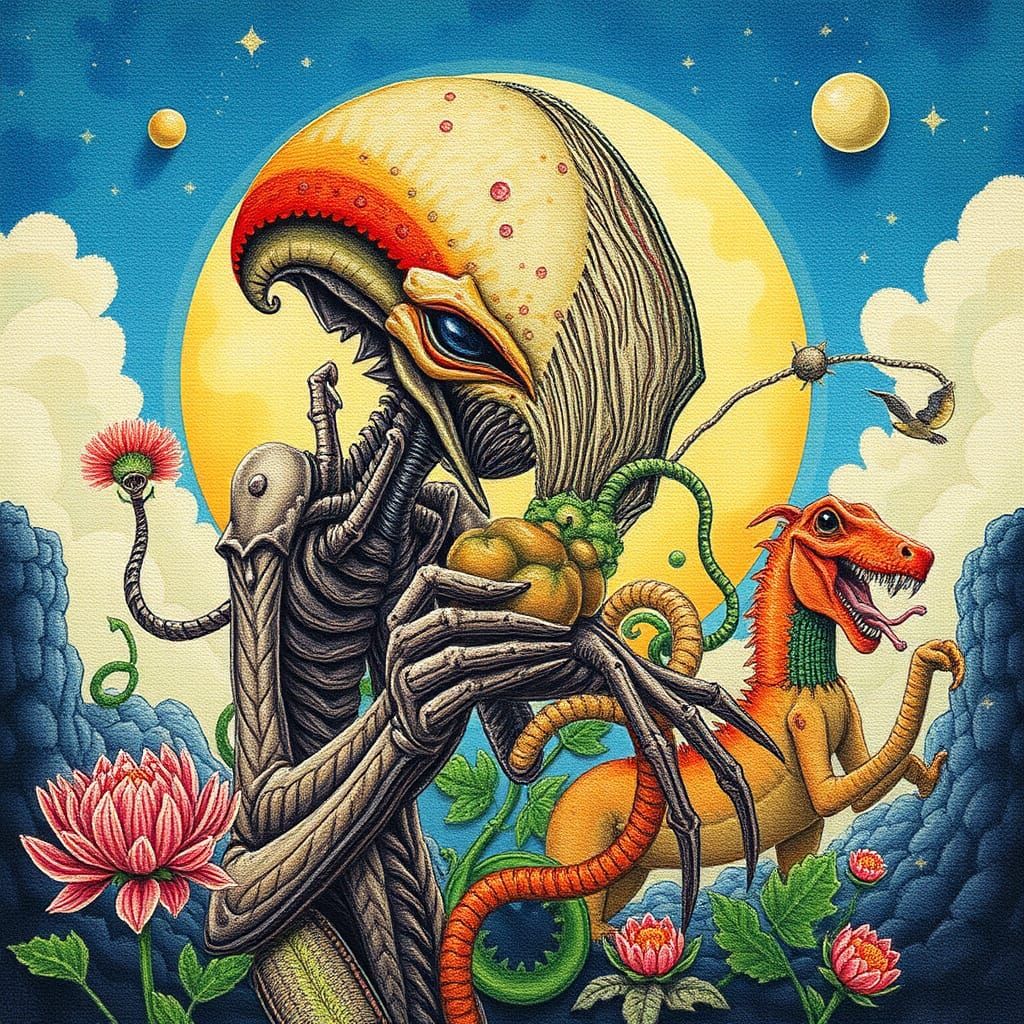 Eldritch Fairycore Plant-Woman Aliens in Psychedelic Style