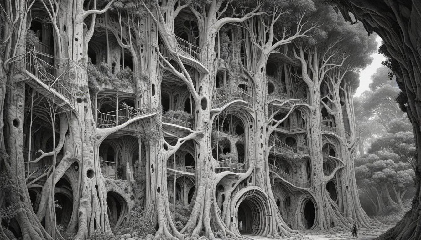 Minimalist Fantasy Cave System Beneath a Petrified Eucalyptu...