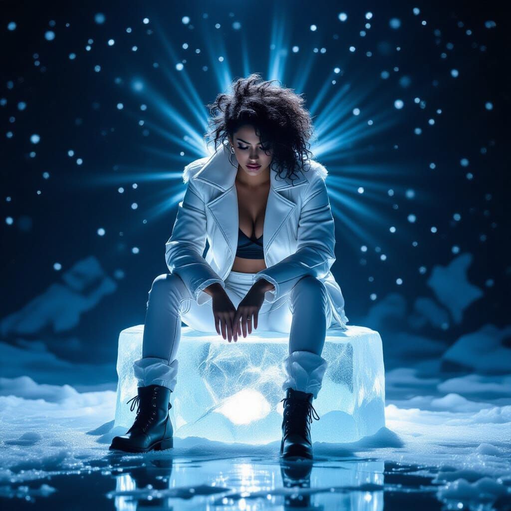 Ice-Encased Woman Smoking Cigar in Frozen Void