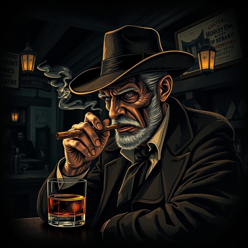 Gangster in Dim Western Bar, Abstract Vector Art