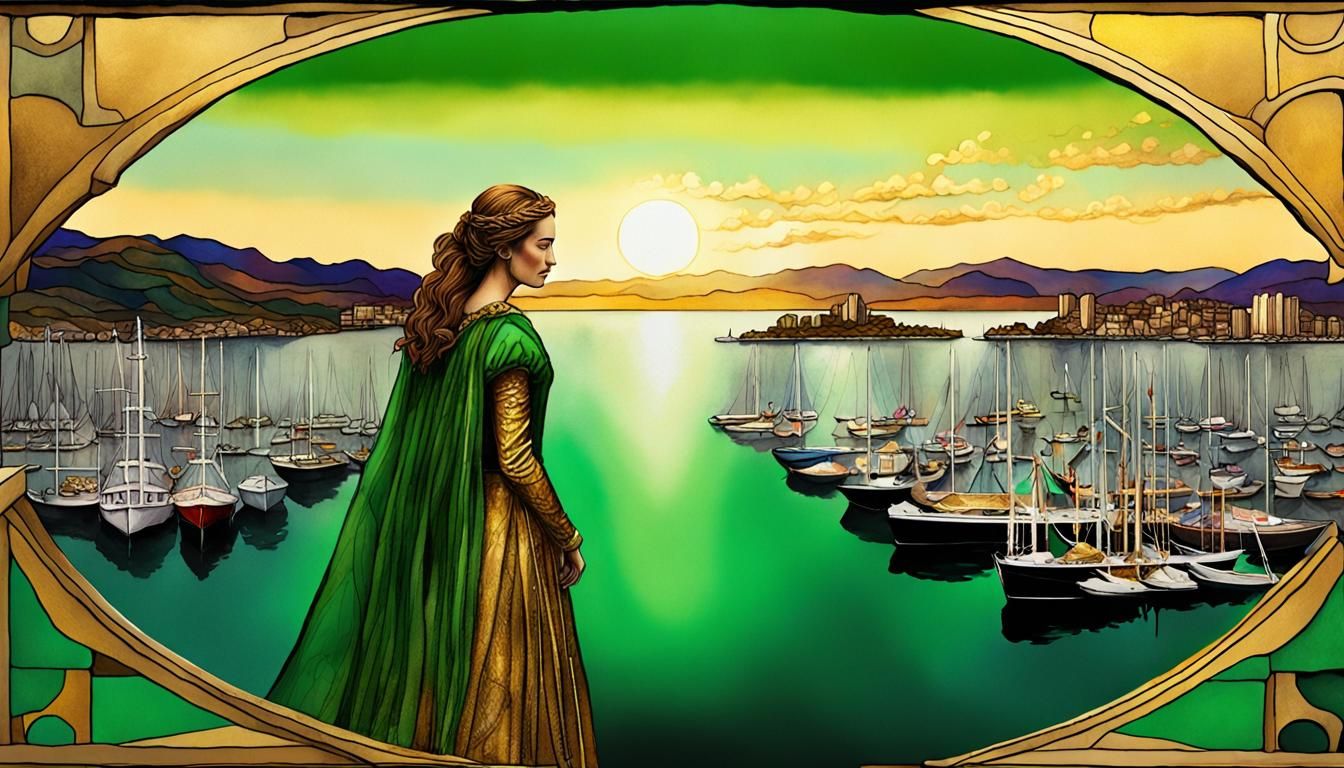 Guinevere with Green Eyes Overlooking Harbor in 3D