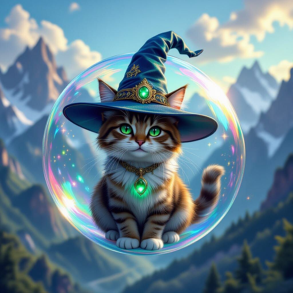Magical Cat in Bubble Flying Through Psychedelic Valley