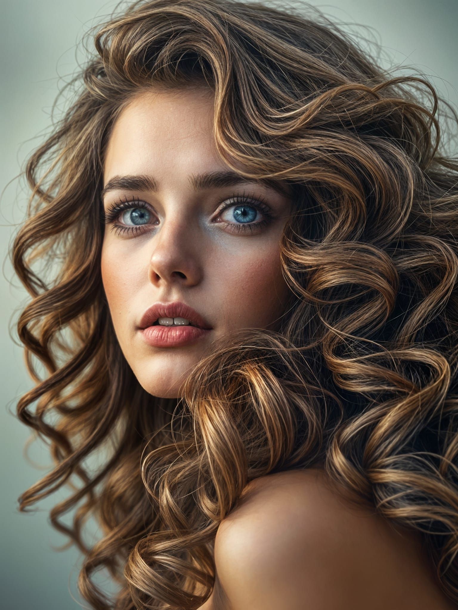 Romantic Portrait of a Daydreaming Woman with Long Curls