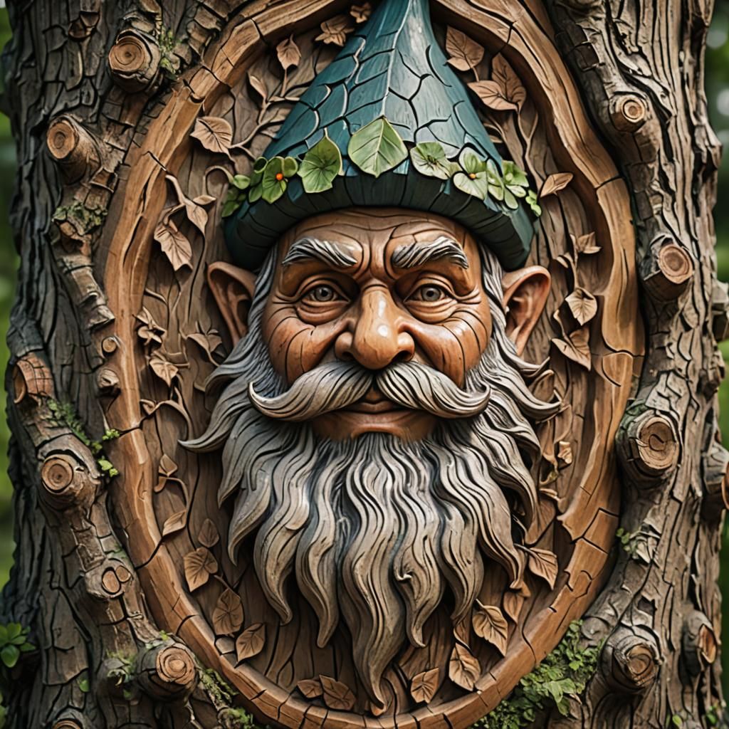 Gnome Face Bas-Relief Carved on Tree Trunk