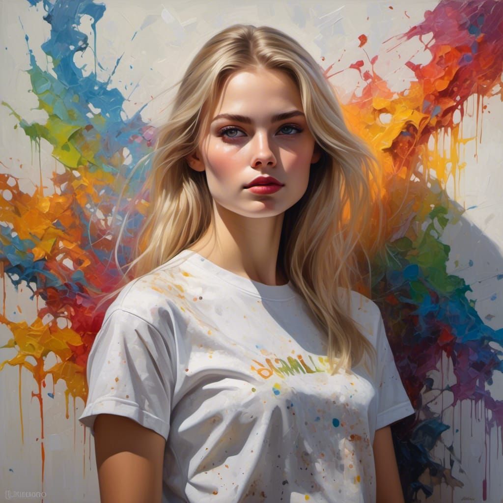 Blond Girl with Neon Rainbow Paint Splatters