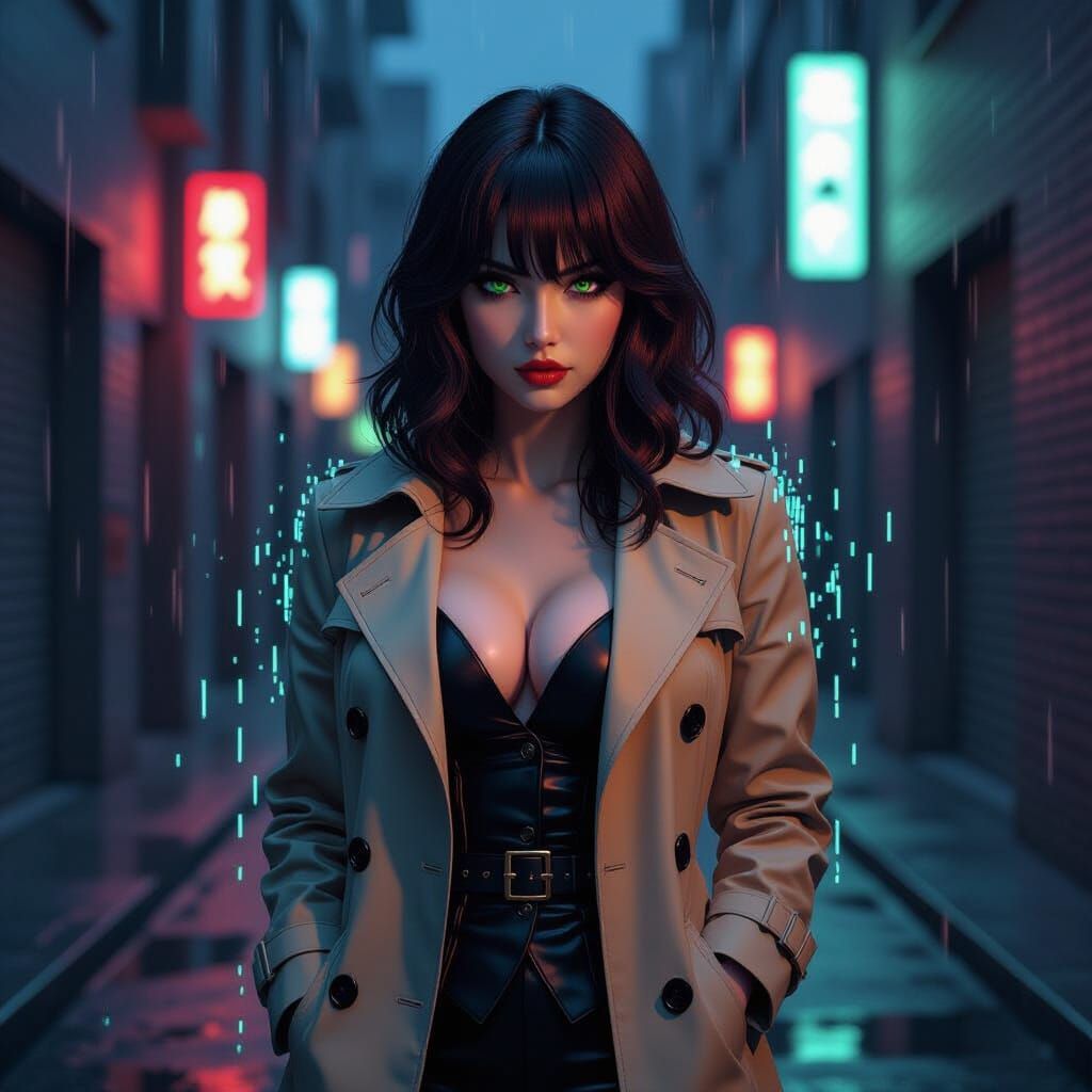 Glitchy Cyberpunk Detective in Rain-Slicked Alley
