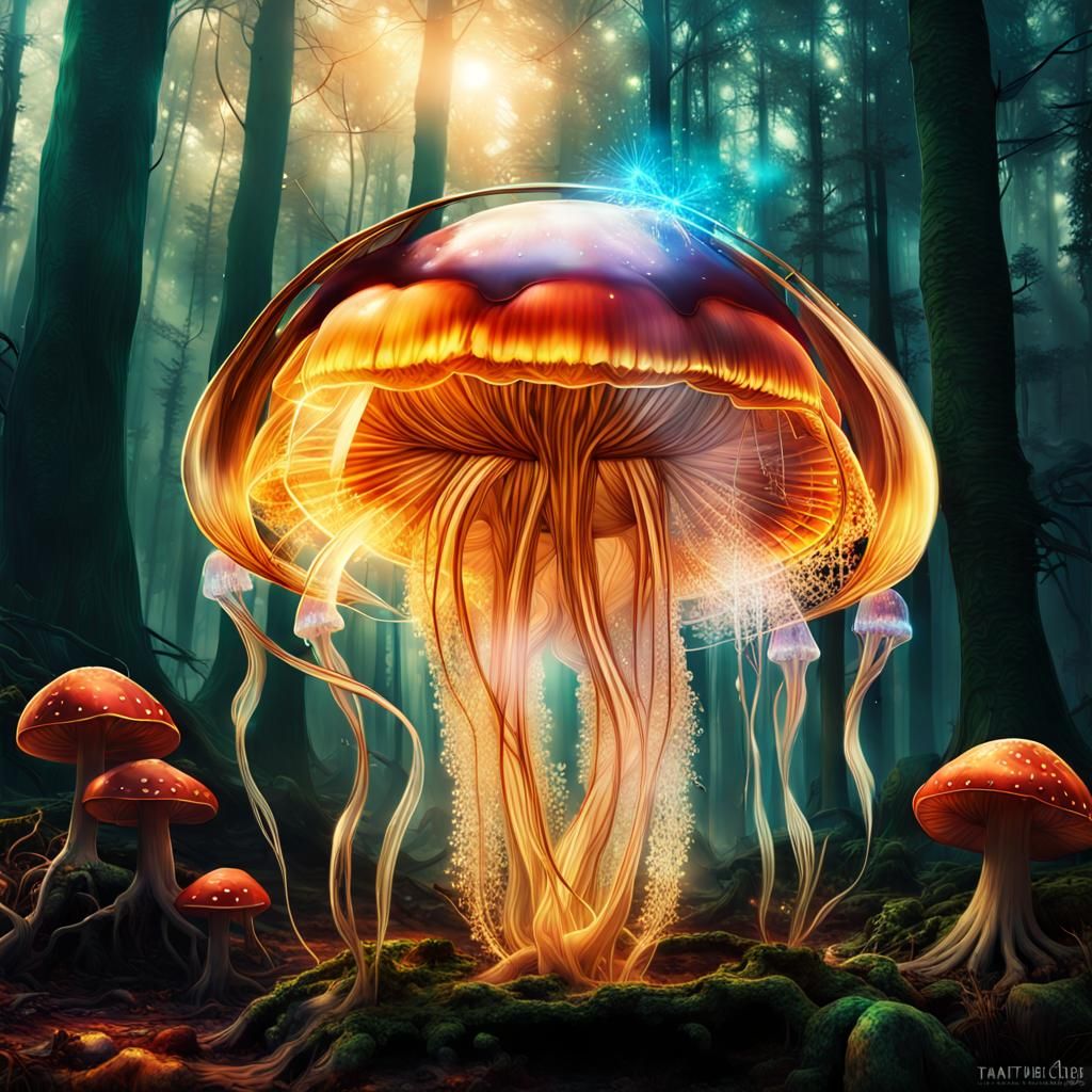 Shattering Crystal Jellyfish in Glowing Forest