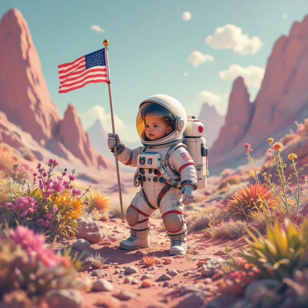 Baby Astronaut Plants Flag on Alien World