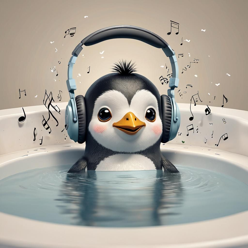 Penguin in Jacuzzi: Vector Art with Headphones