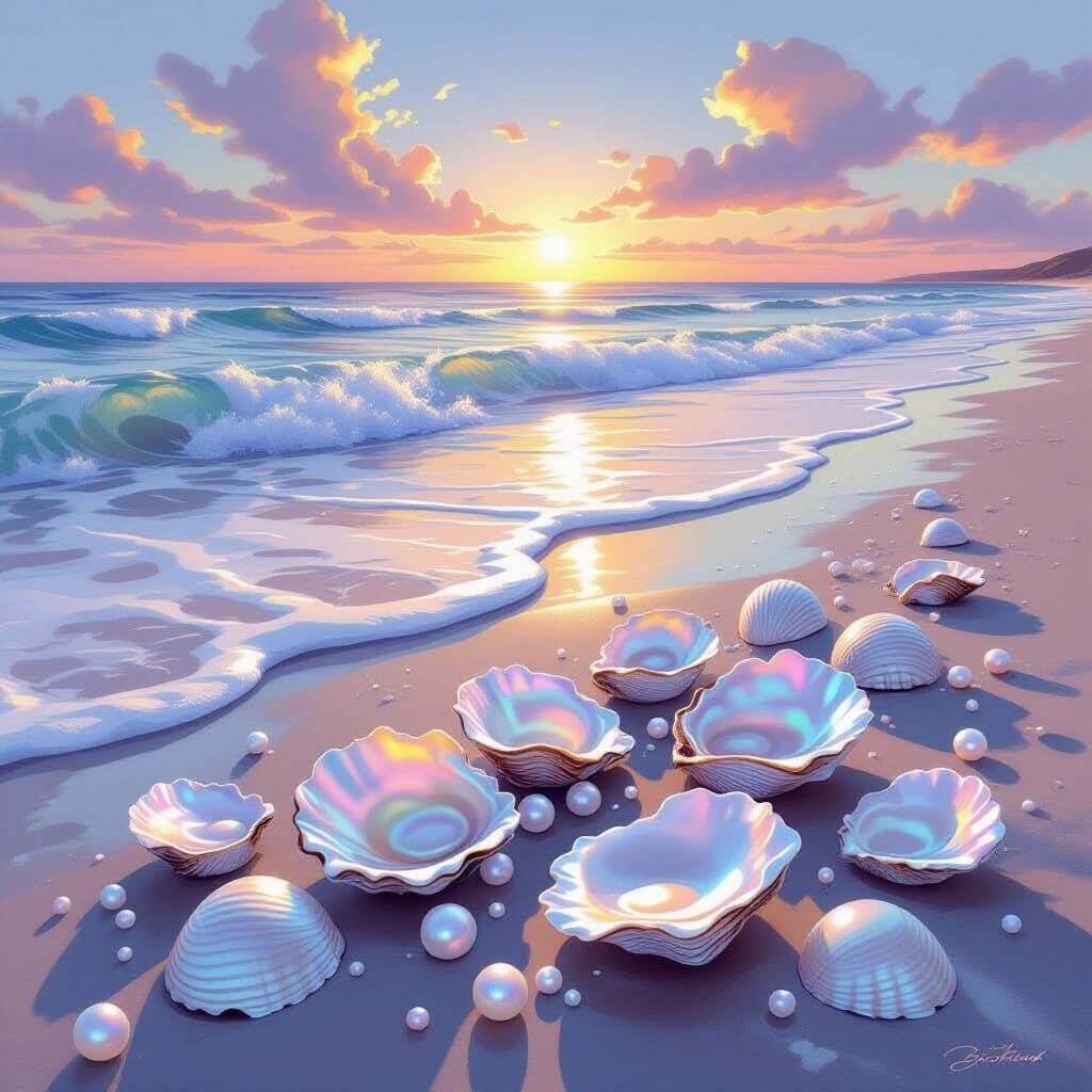 Dreamy Beach with Pearls and Oyster Shells