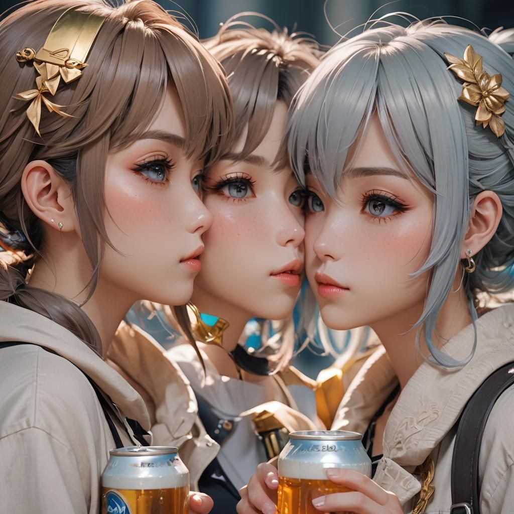 Anime Girls Kissing in Soft Pastel 3D Portrait