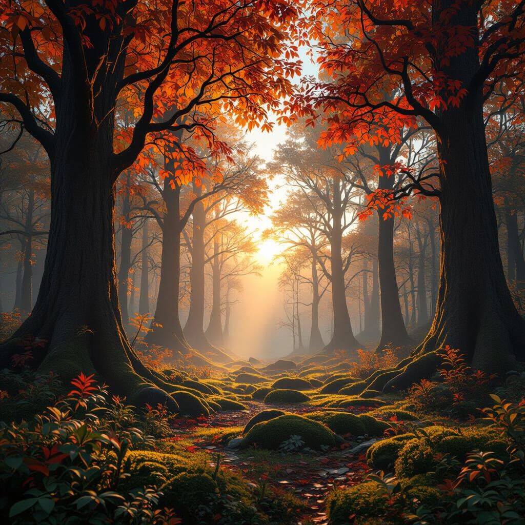 Mystical Autumn Forest Clearing at Sunset