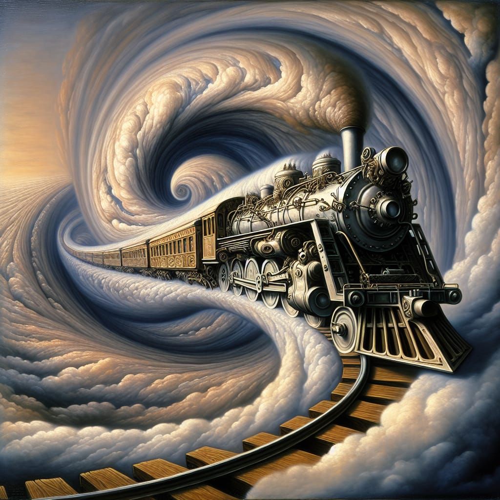 Train Bending Time in Surrealist Oil Painting Style