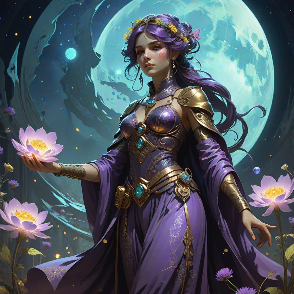 Celestial Gardener Tending Bioluminescent Flora in Fantasy A...