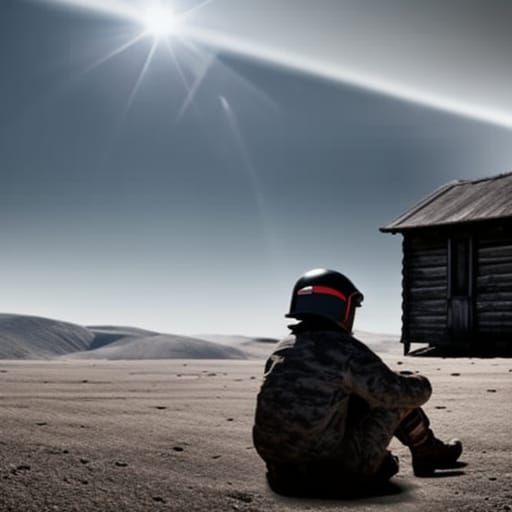 Cabin on the Moon with Astronaut and Dog