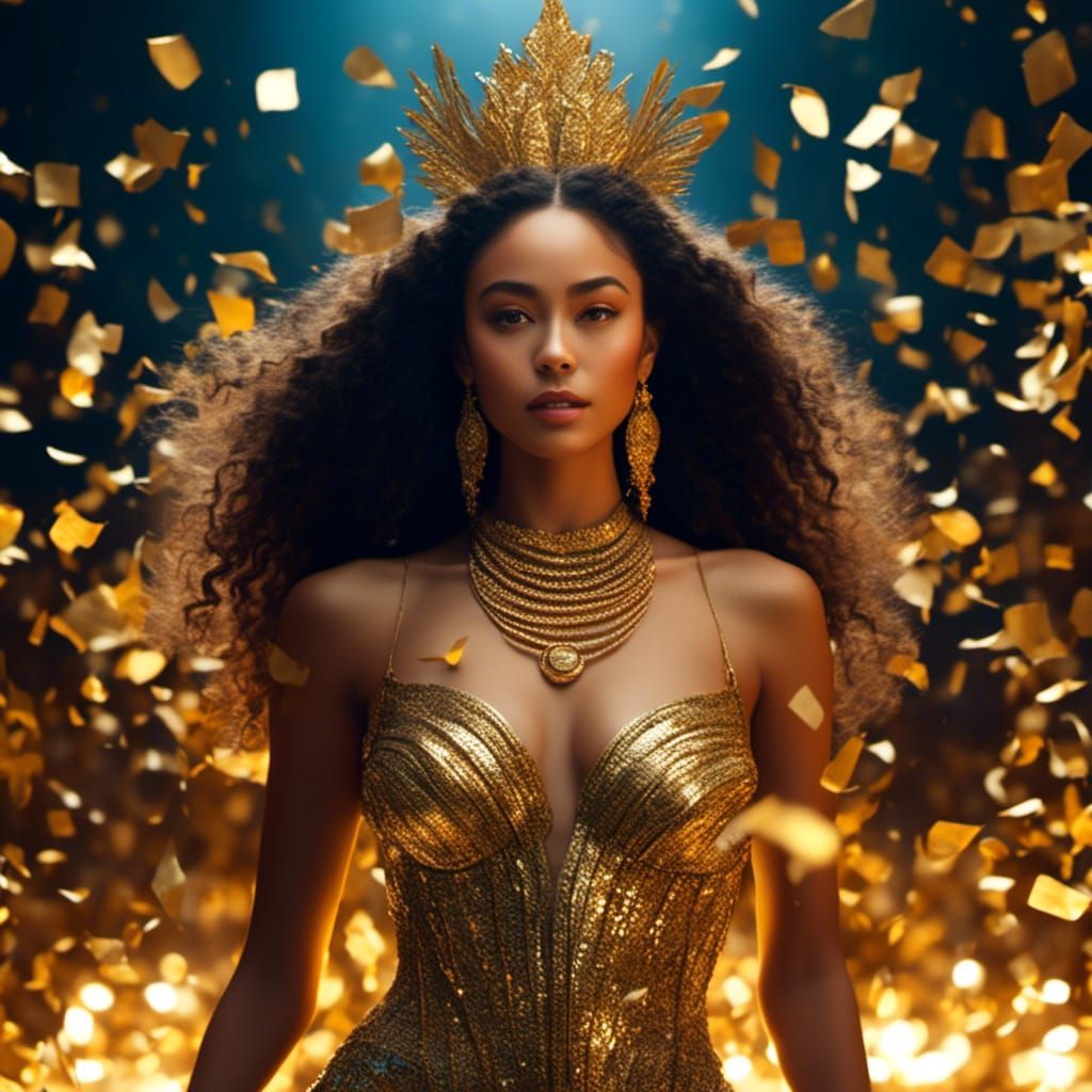 Woman in Gold Confetti, Expressive Digital Portrait