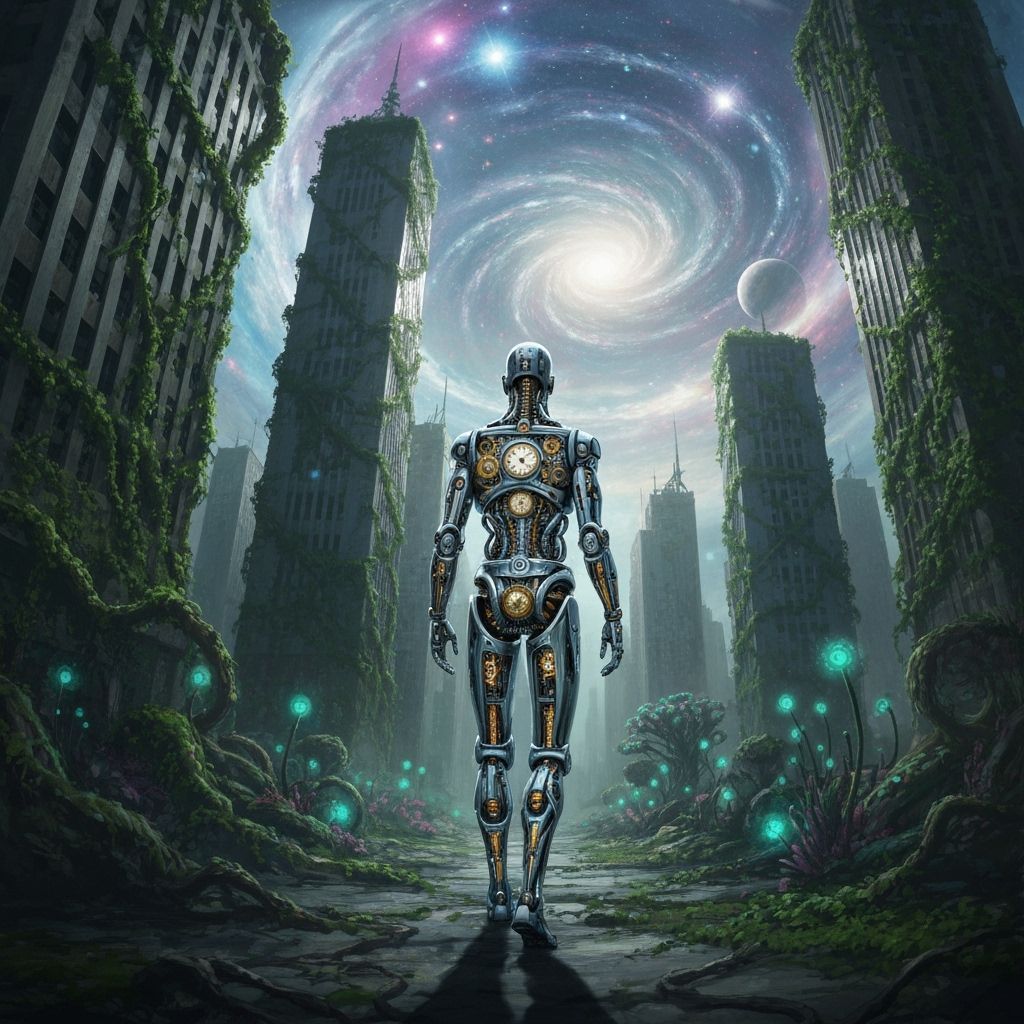 Android in Overgrown Cityscape: Vintage Sci-Fi Art