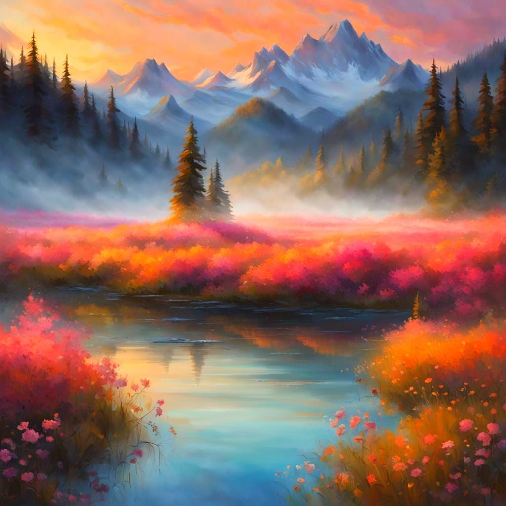 Surreal Nature Scene with Majestic Deer in Vibrant Wildflowe...