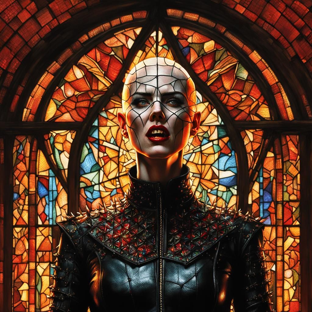 Female Pinhead with Spiked Face Before Stained Glass