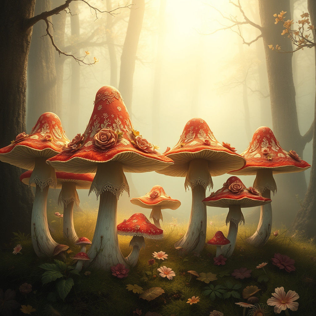 Mushrooms in Hats: A Whimsical Forest Scene