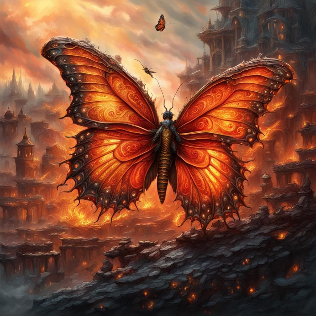 Fire Butterfly Naive Illustration in Oil and Ink