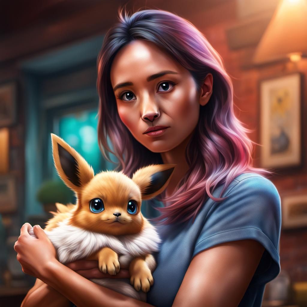 Woman Holding Baby Eevee Pokémon Photorealistic Art