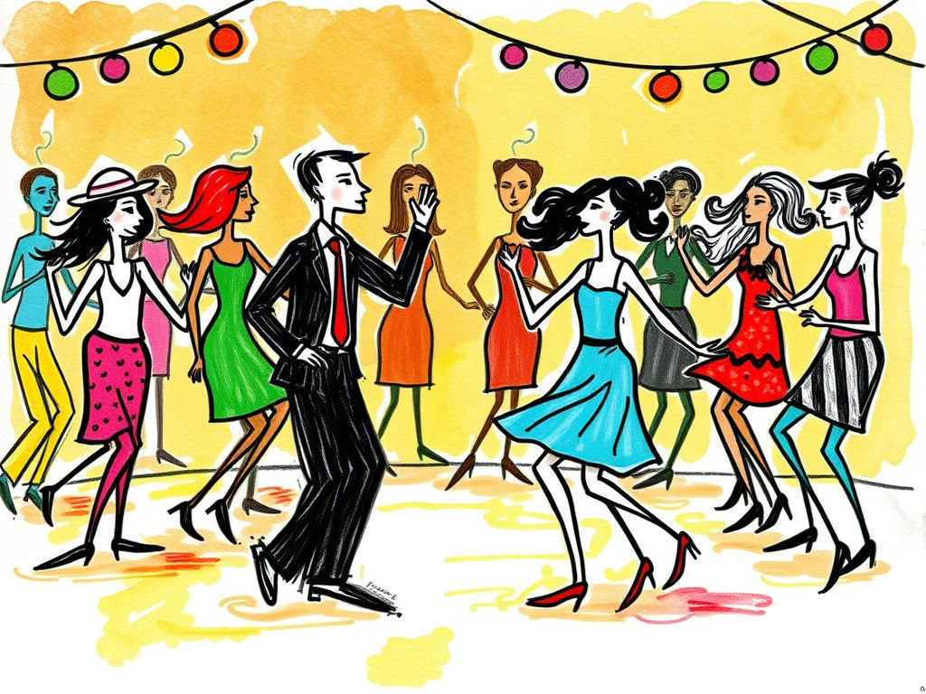 Swing Era Stick Figures Dancing in Colorful Sketchbook